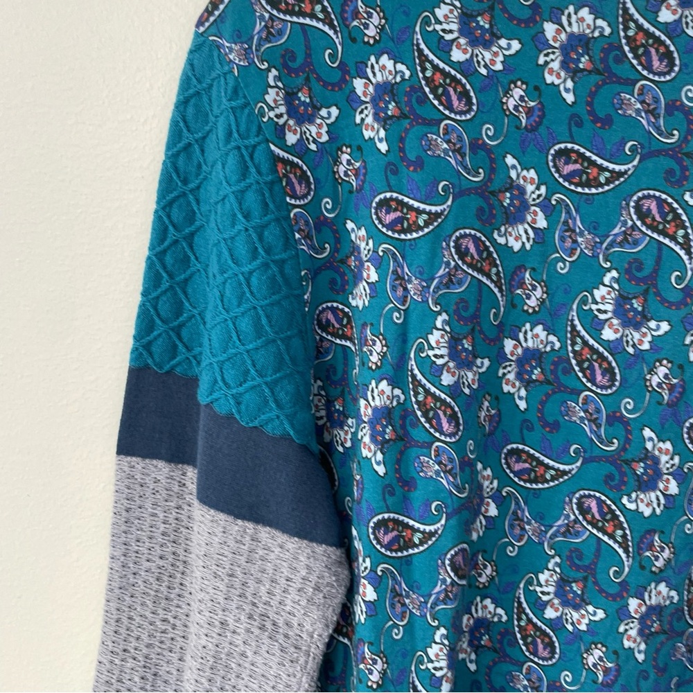 Sundance Paisley Print Sharrar Top Blue Grey L Large Floral Mixed Stitch Sleeve - Picture 7 of 9